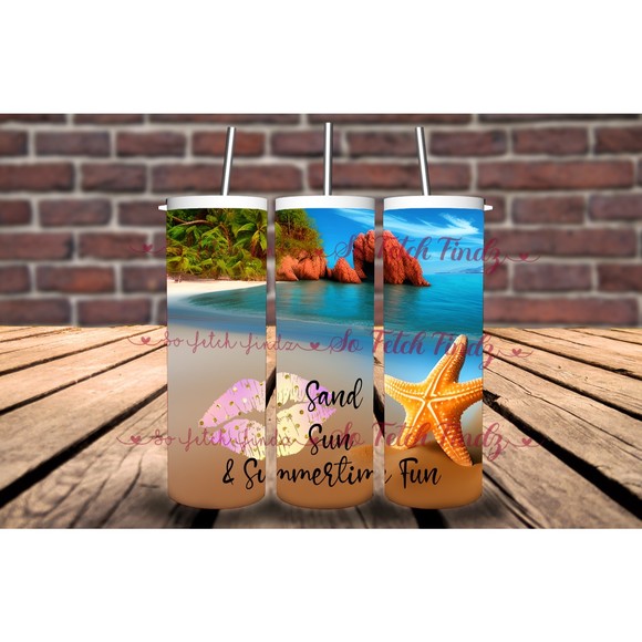 Beach Theme Custom Tumbler Gift,  Sand Sun & Summertime Fun - Picture 1 of 1